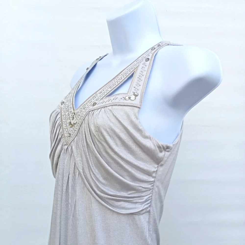 White House Black Market Sleeveless Draping Jeweled Top Jersey Ice Gray X Small - Picture 4 of 10